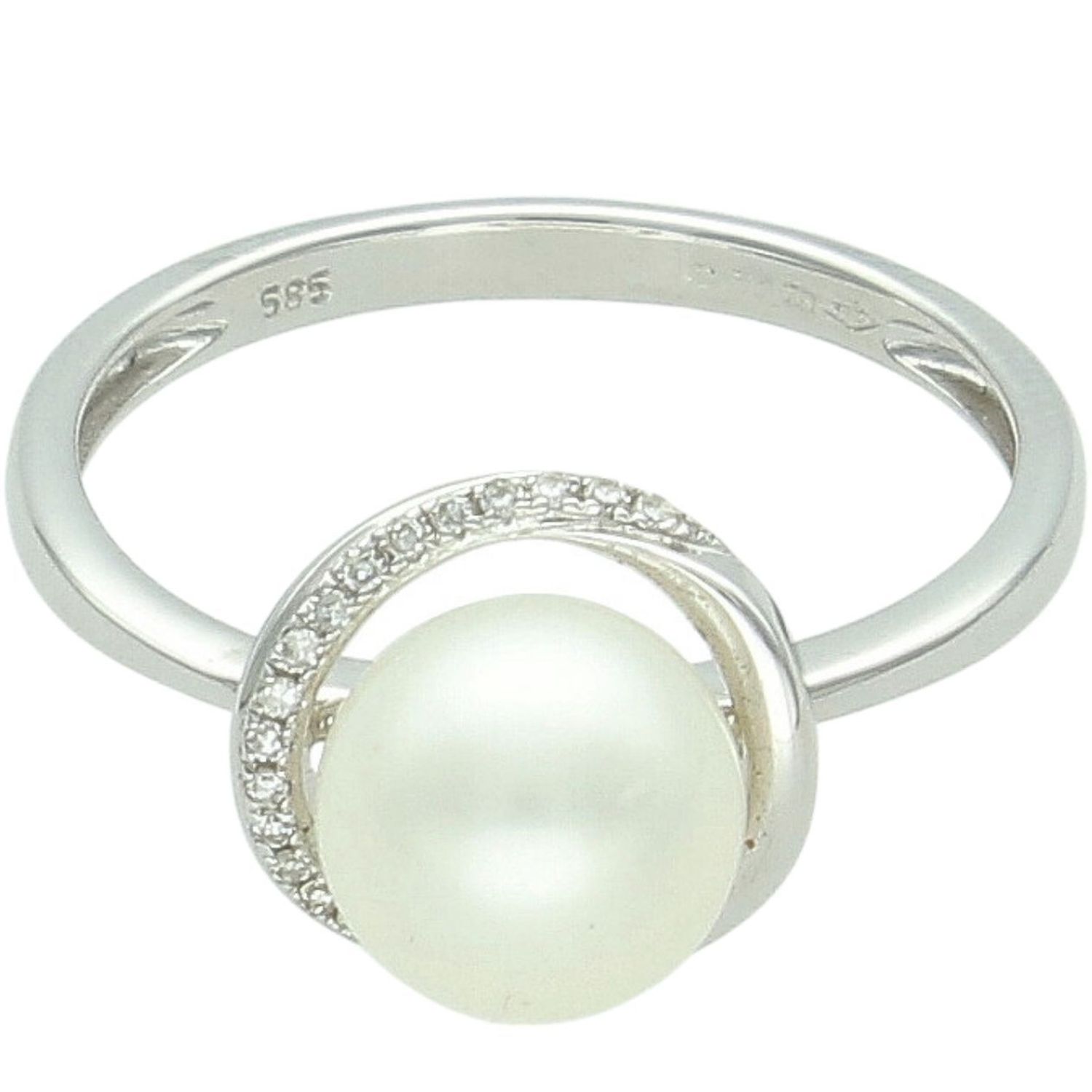 Pierścionek z białego złota 585 z perłą i diamentami – subtelna elegancja 585.jpg